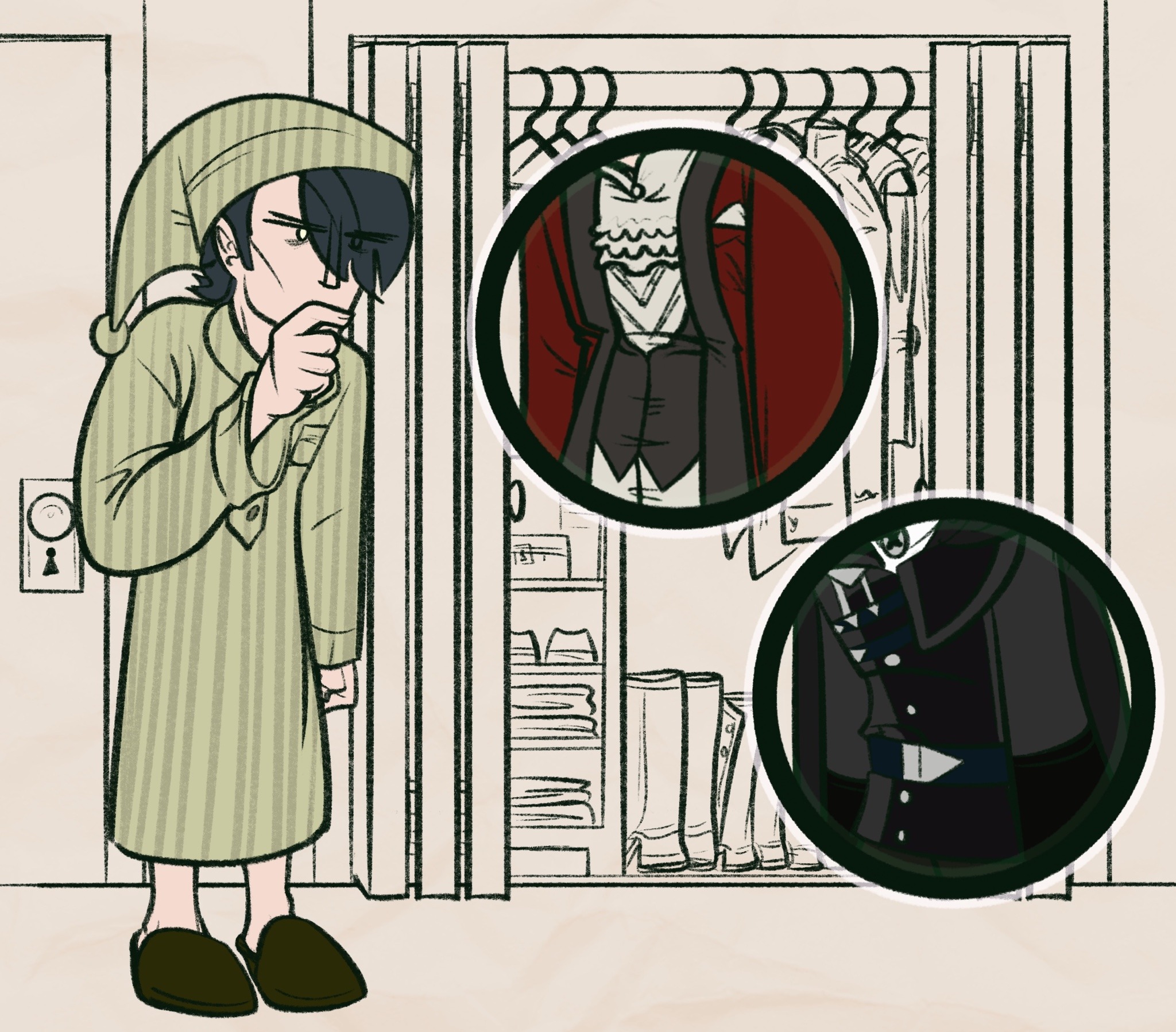 Digital drawing of post-timeskip Hubert von Vestra from Fire Emblem: Three Houses. He is wearing a striped nightshirt and matching nightcap, as well as some slippers. He's standing with his hand on his chin, looking contemplative as he stares at the clothes in his open closet. Superimposed on this are two outfits: one is the red servant outfit from the DLC, while the other is Hubert's basic post-timeskip outfit.