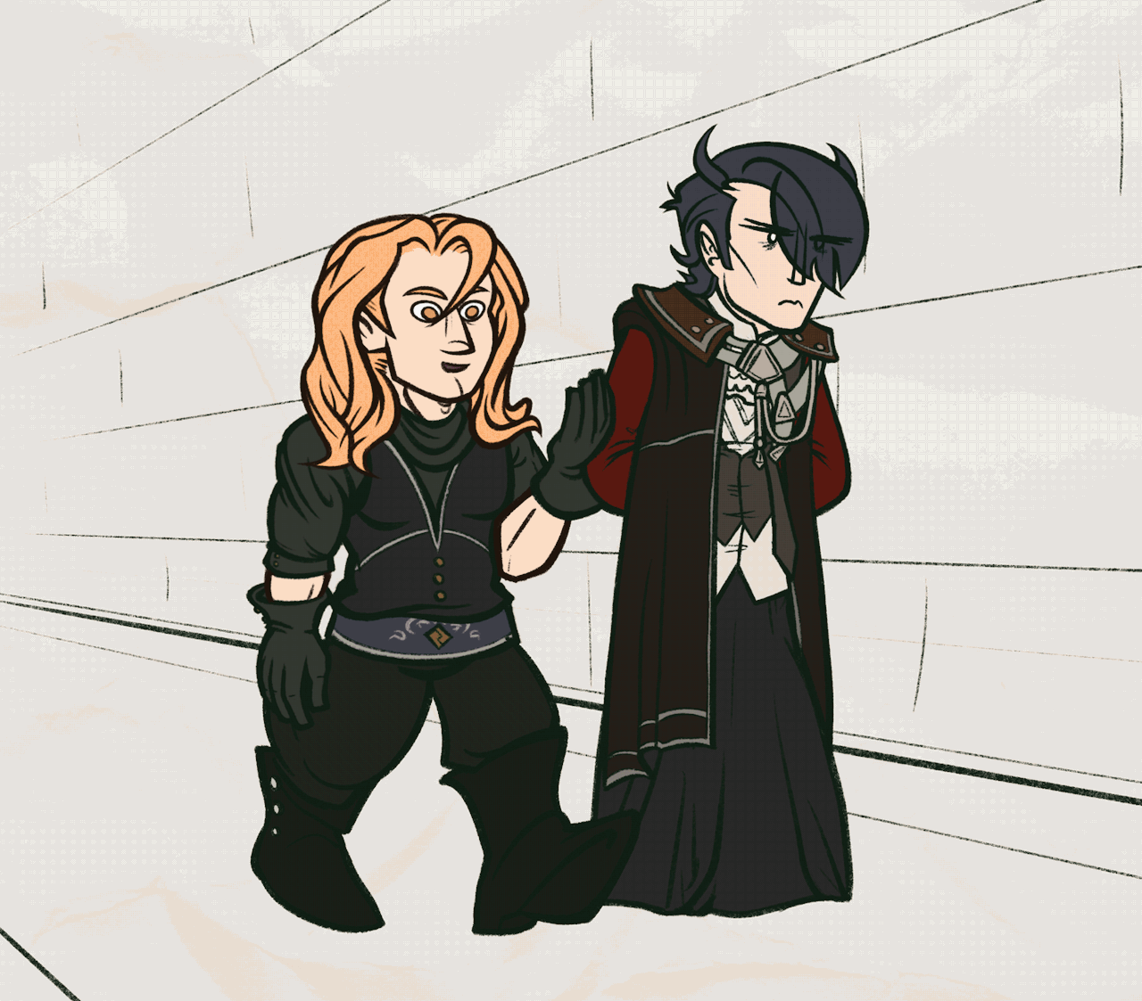 Animated GIF of post-timeskip Hubert von Vestra and Ferdinand von Aegir from Fire Emblem: Three Houses, depicting them walking down a nondescript stone hallway. Ferdinand is talking animatedly about something, gesturing with his hands and looking at Hubert every so often. Hubert is walking with his hands behind his back, looking straight ahead and appearing expressionless.