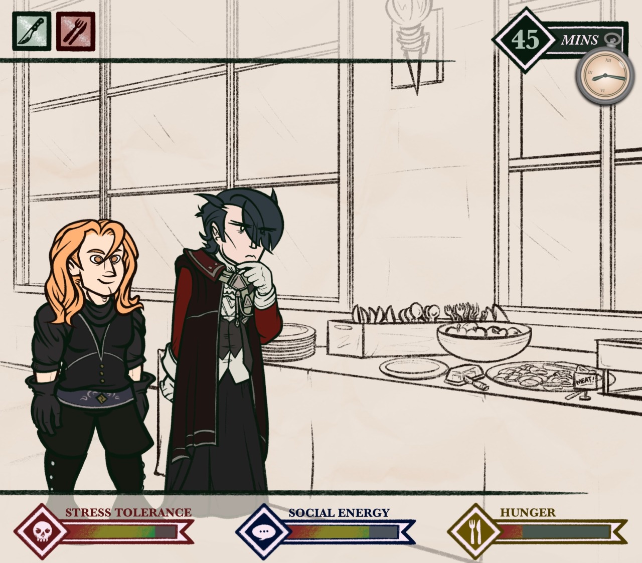 Digital drawing of Hubert von Vestra and Ferdinand von Aegir from Fire Emblem: Three Houses. They are standing in the Enbarr Palace dining hall in front of a long table bearing a bunch of breakfasty-looking foods. Ferdinand is chipper as always; Hubert is more contemplative as he scans the spread. Set above and below the lads is a UI with various stats. At the top, there is: a green icon of a knife labeled &ldquo;Contemplating Murder&rdquo;; a knife and fork icon labeled &ldquo;Ravenous&rdquo;; and Hubert's silver pocketwatch, currently set to 8:15 and labeled &ldquo;45 minutes.&rdquo; Along the bottom there are three meters: one with a skull icon labeled &ldquo;Stress Tolerance,&rdquo; set to 90/100; one with a chat bubble icon labeled &ldquo;Social Energy,&rdquo; set to 85/100; and one with a knife and fork labeled &ldquo;Hunger,&rdquo; set to 15/100.