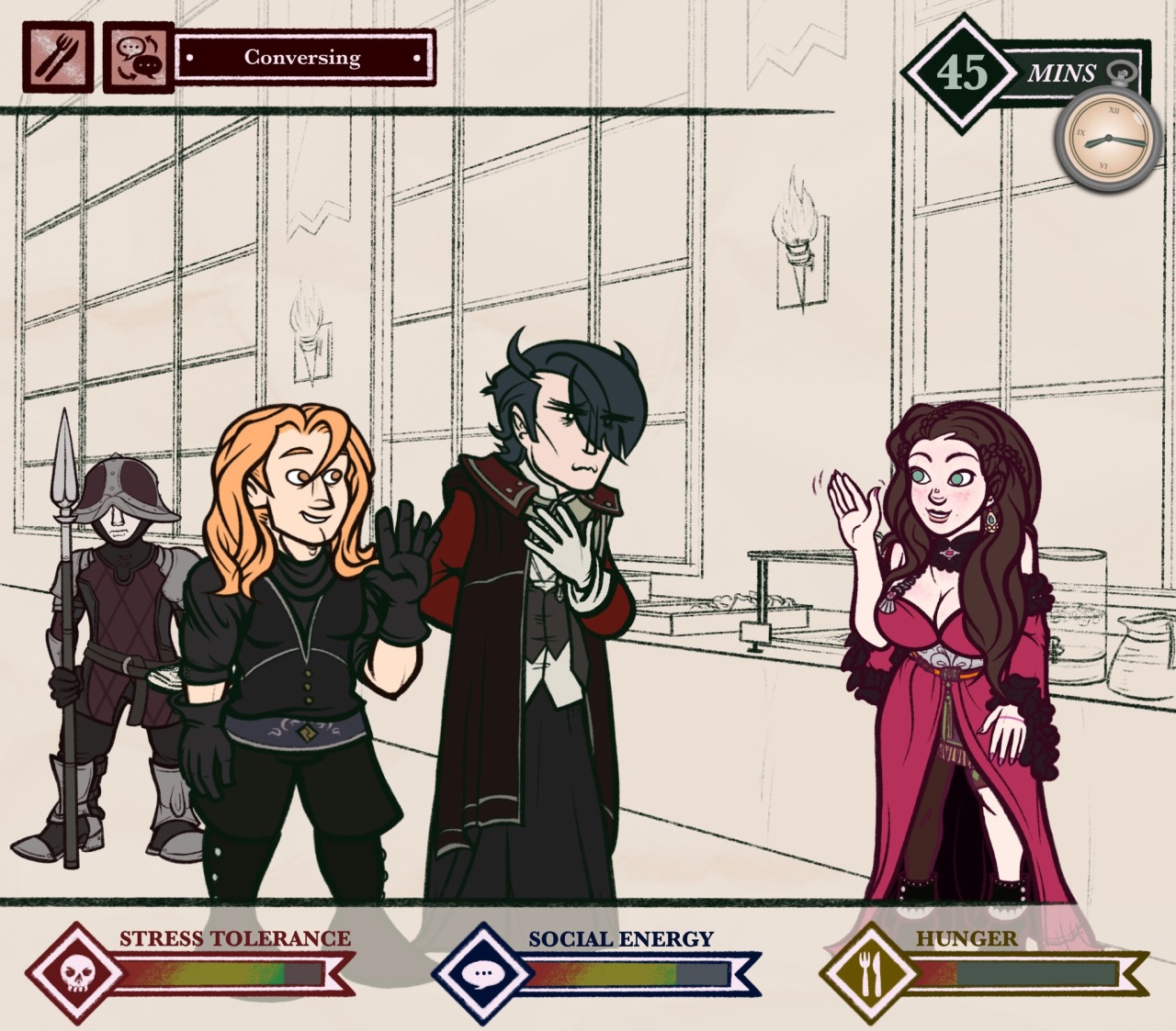 Digital drawing of Dorothea Arnault, Hubert von Vestra, and Ferdinand von Aegir from Fire Emblem: Three Houses. They are standing in the Enbarr Palace dining hall in front of a long table bearing a bunch of breakfasty-looking foods. Ferdinand and Dorothea are cheerfully waving to each other; Hubert is making a bold attempt at a genuine smile that makes him appear a bit constipated. Set above and below the lads is a UI with various stats. Set above and below the lads is a UI with various stats. At the top, there is: a green icon of a knife labeled &ldquo;Contemplating Murder&rdquo;; a knife and fork icon labeled &ldquo;Ravenous&rdquo;; and Hubert's silver pocketwatch, currently set to 8:15 and labeled &ldquo;45 minutes.&rdquo; Along the bottom there are three meters: one with a skull icon labeled &ldquo;Stress Tolerance,&rdquo; set to 90/100; one with a chat bubble icon labeled &ldquo;Social Energy,&rdquo; set to 85/100; and one with a knife and fork labeled &ldquo;Hunger,&rdquo; set to 15/100.