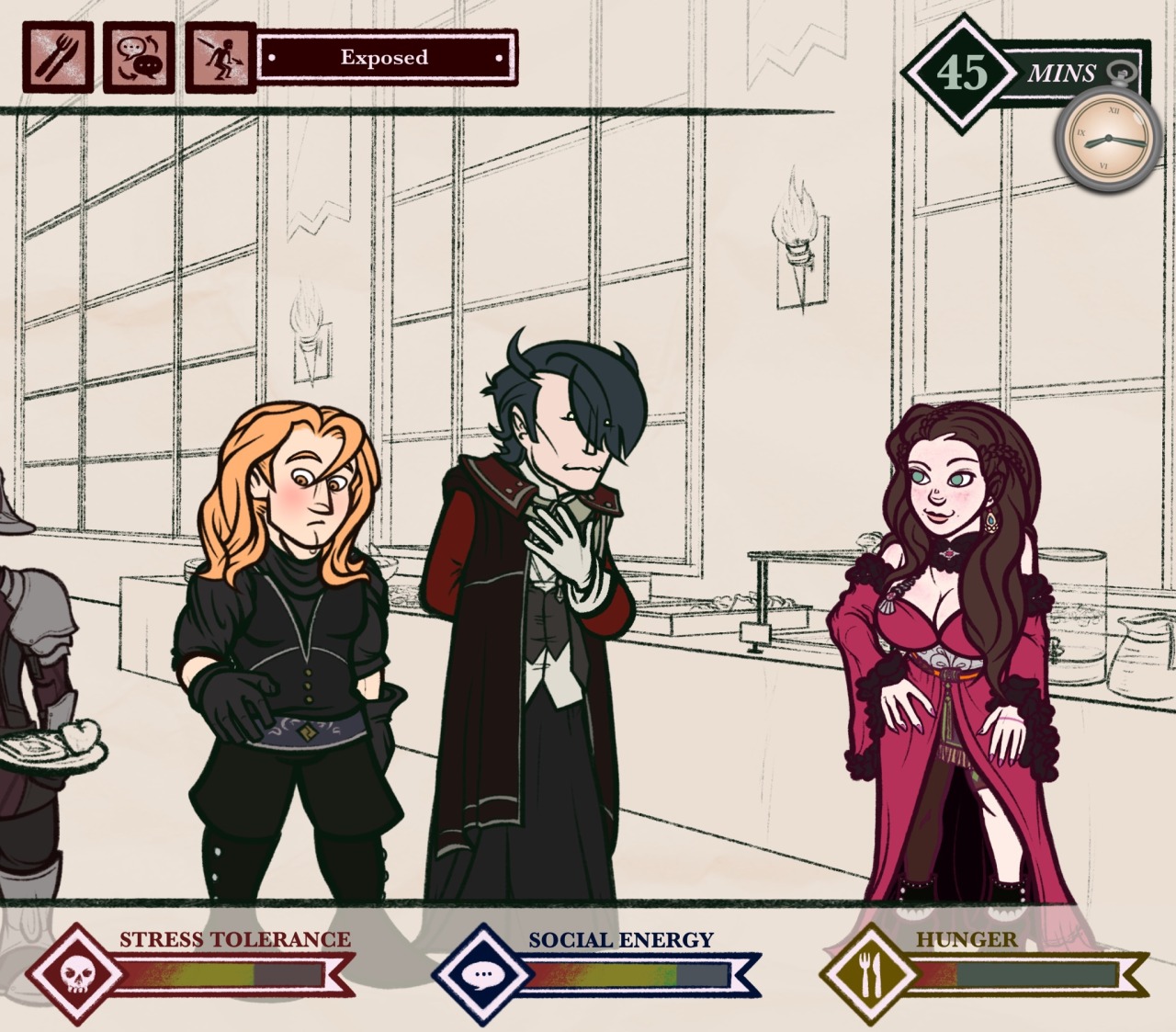 Direct continuation from the previous panel. While a too-smug Dorothea stands by, Ferdinand blushes hard, looking down at his clothes, and Hubert's awkward smile is now so tight that it looks like he might choke. Set above and below the lads is a UI with various stats. At the top, there is: a green icon of a knife labeled &ldquo;Contemplating Murder&rdquo;; a knife and fork icon labeled &ldquo;Ravenous&rdquo;; a red icon of a man being pierced through the heart by a spear labeled &ldquo;Exposed&rdquo;; and Hubert's silver pocketwatch, currently set to 8:15 and labeled &ldquo;45 minutes.&rdquo; Along the bottom there are three meters: one with a skull icon labeled &ldquo;Stress Tolerance,&rdquo; set to 60/100; one with a chat bubble icon labeled &ldquo;Social Energy,&rdquo; set to 70/100; and one with a knife and fork labeled &ldquo;Hunger,&rdquo; set to 15/100.